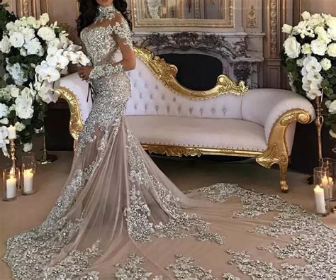 Sexy Sheer Bling Lace High Neck Illusion Long Sleeve Mermaid Bridal Go