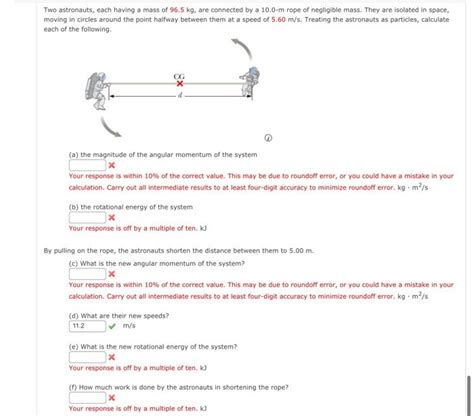 Solved Two Astronauts Each Having A Mass Of 96 5 Kg Are Chegg