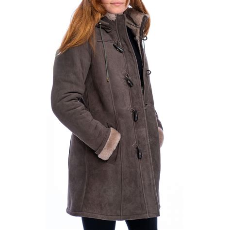 Women S Brown Duffle Shearling Sheepskin Trench Coat The Leather Gems