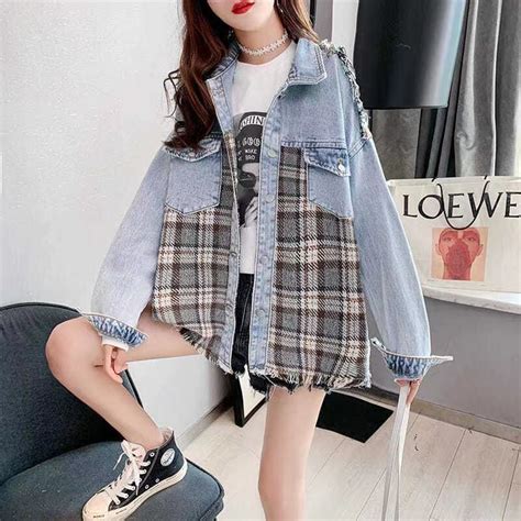 Jual Yuruma Jaket Denim Jahitan Kotak Kotak Gaya Korea Atasan Longgar