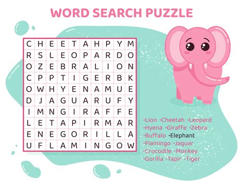 Word Search Puzzle With African Animals Education Game For Children