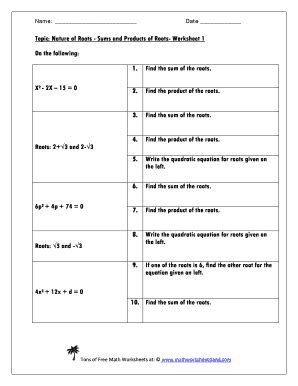 Fillable Online Nature Of Roots Sums And Products Of Roots Math