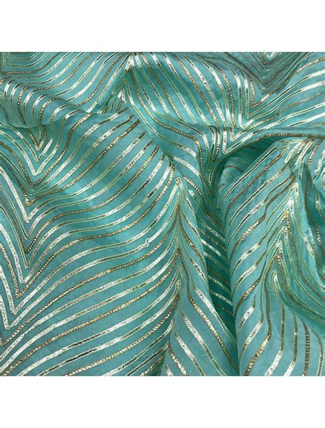 Sky Blue Chinon Crepe Fabric With Chevron Gota Patti Embroidery Saroj