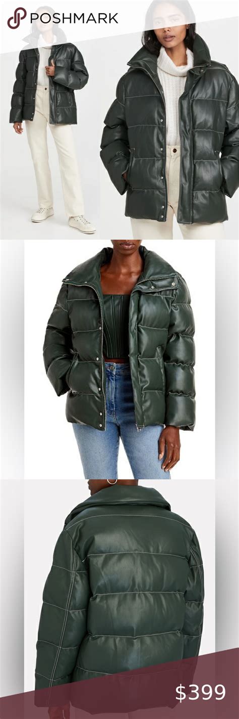 STAUD NWT Ace Vegan Leather Green Puffer Jacket Size Large Green