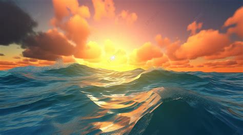 Fondo Imagen 3d De Agua De Mar En El Horizonte Azul Con Un Sol Saliendo Y Sol Moviéndose Sobre