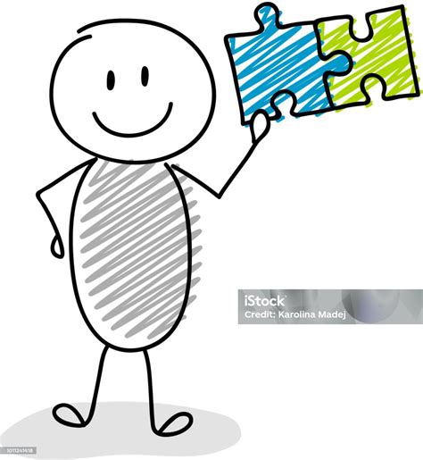 Cartoon Stickman Holding Puzzle Icon Vector Stock Illustration