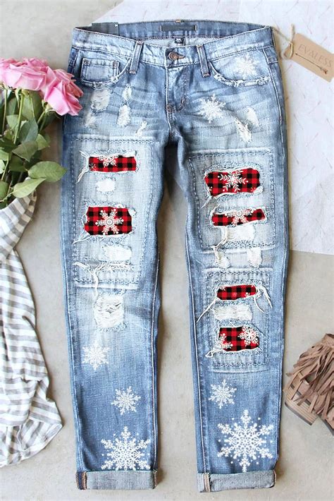 Christmas Snowflake Plaid Mid Waist Denim Ripped Jeans Evaless