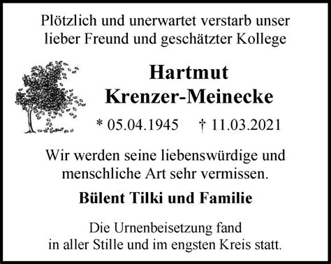 Traueranzeigen Von Hartmut Krenzer Meinecke Trauer In Nrw De