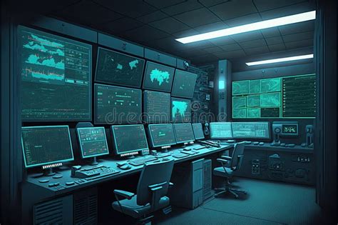 Entrovinment Of A Huge Futuristic Empty Control Room With Monitors