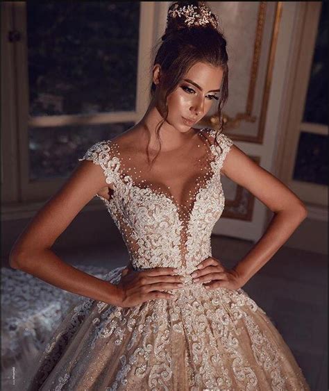 Luxury Champagne Beaded Appliqued Kourtney Wedding Dress With Sheer