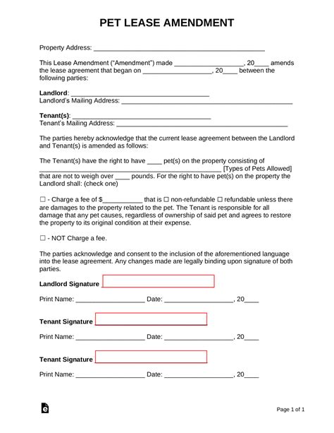 Free Pet Lease Amendment Form Pdf Word Eforms