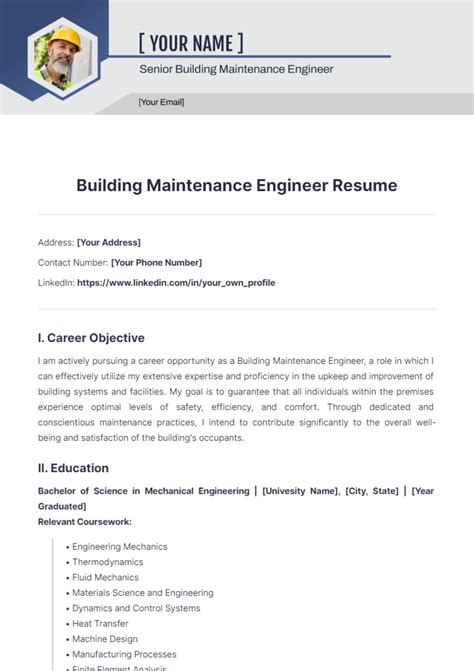 Free Building Maintenance Engineer Resume Template Edit Online