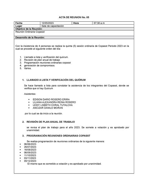 Acta N Copasst Formato Acta Acta De Reunion No Fecha