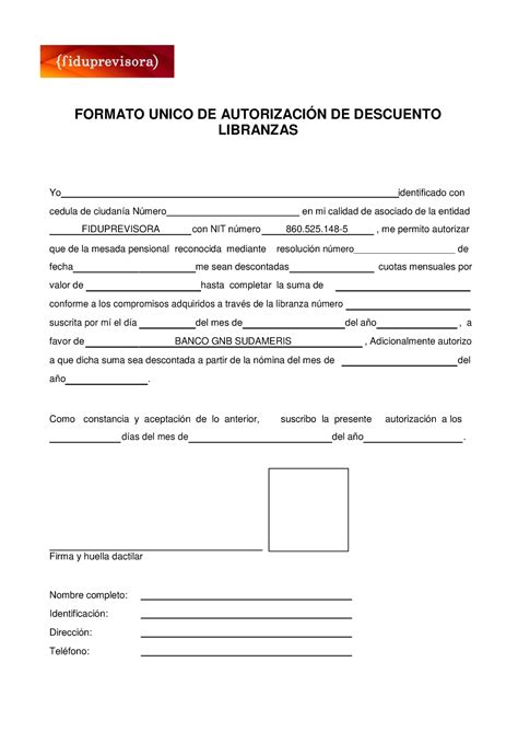 Formato Fiduprevisora Formato Unico De Autorizaci N De Descuento