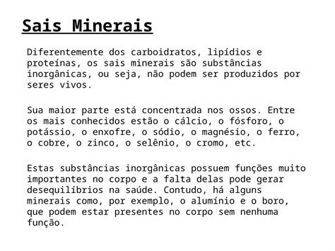 Pptx Sais Minerais Diferentemente Dos Carboidratos Lip Dios E