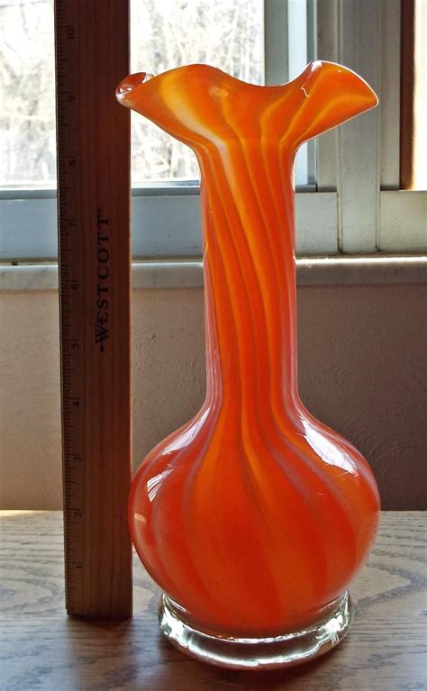 Beautiful Vintage Hand Blown Art Glass Vase Orange And Milky Etsy