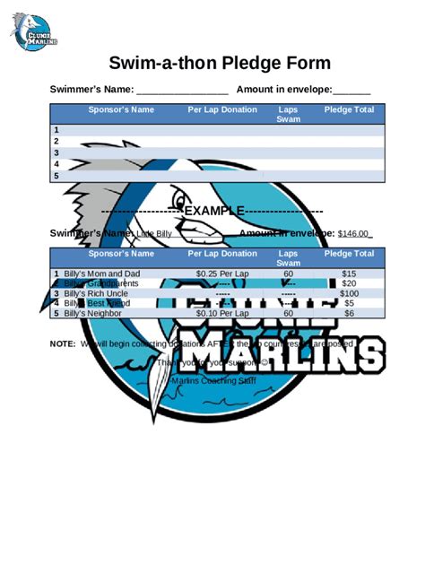 Monroeville Marlins Swim A Thon Pledge Sheet Total Laps Doc Template