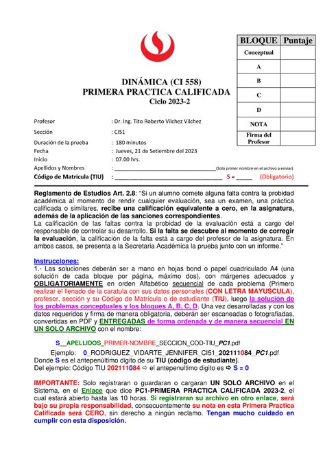 Bloque Conceptual Y Bloque A Upc 2023 2 DinÁmica Ci 558 Primera