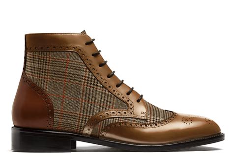 Bottes Homme Brogue En Tweed Et Cuir Marron