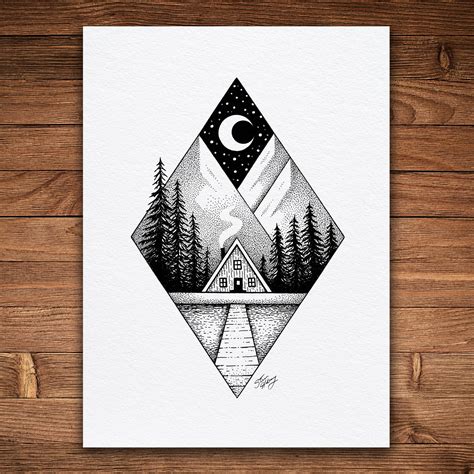 Mountain House Pen and Ink Print Whimsical Nature Art Black - Etsy Canada