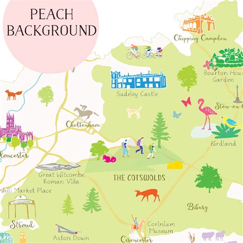 Illustrated hand drawn Map of Gloucestershire by UK artist Holly Francesca.
