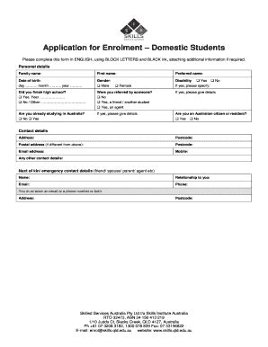 Fillable Online Skills Qld Edu Application For Enrolment Domestic