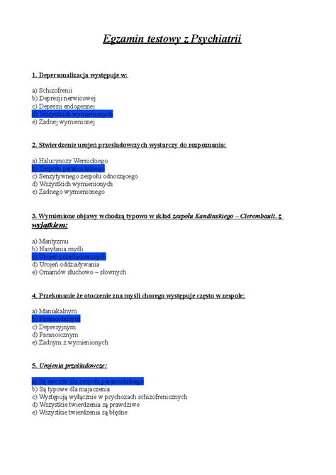 Psychopatologia TEST Egzamin Testowy Z Psychiatrii 1