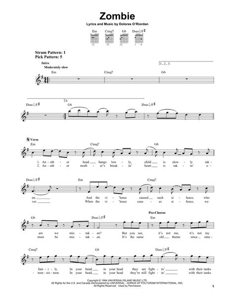 Zombie By The Cranberries Sheet Music For Easy Guitar At Sheet Music Direct