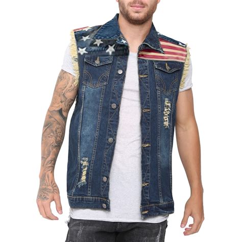 Mens Denim Lapel Vest Casual Sleeveless Slim Fit Ripped Biker Jeans