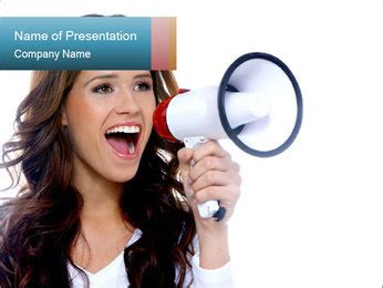 Stunning Brunette Woman Using Megaphone To Shout In Portrait PowerPoint Template Backgrounds