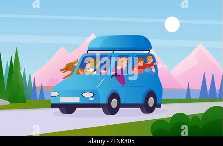 Voyage Voyage Concept Famille Heureuse Des Tours En Minibus Cartoon