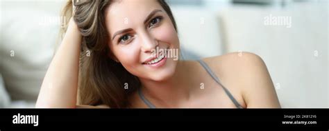 Cute Brunette Smiling Female Pose On Ball Happy Sportswoman Stock Photo Alamy
