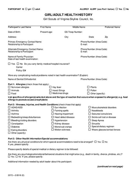 Girladult Health History Form In Word And Pdf Formats