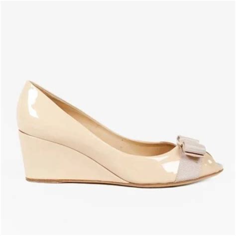 Salvatore Ferragamo Shoes Salvatore Ferragamo Nude Patent Leather Sissi Bow Wedges Poshmark