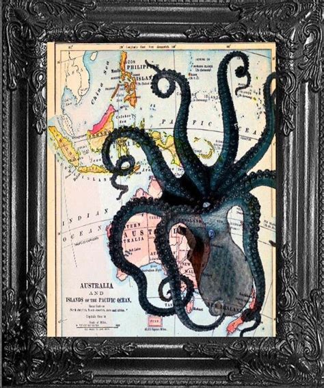 Navy Blue Octopus Vintage Map Octopus Print Octopus Decor Octopus