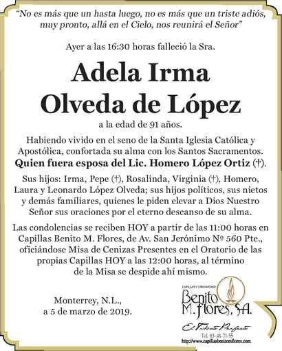 Señora Adela Irma Olveda de López Obituario Esquela