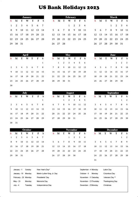 Printable Yearly Calendar with US Bank Holidays 2023