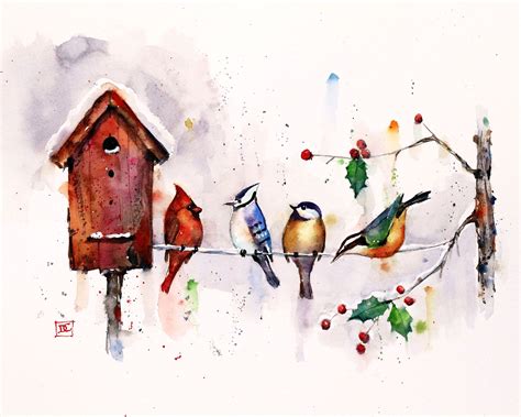 Winter Songbirds And Birdhouse Original Watercolor Painting By Etsy