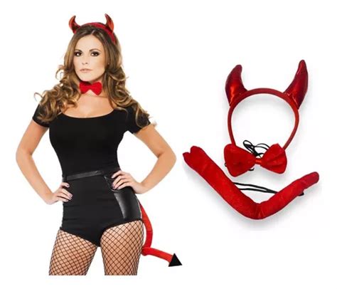 Diadema Diabla Cuernos Cola Corbatin Demonio Halloween Disfraz