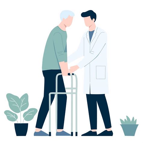 An illustration of a doctor helping an elderly man with a walker
