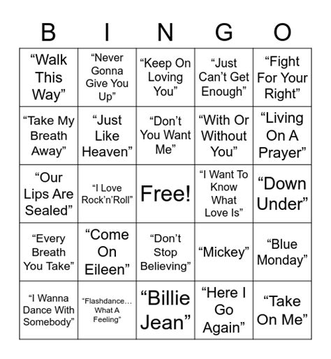 80s Music Bingo Card