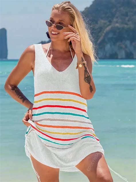 White Crochet Tunic Bikini Cover Ups Sexy Striped Sleeveless Backless