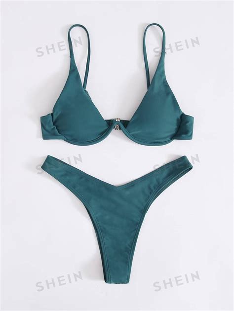 SHEIN Swim Set Bikini Unicolor Sujetador Con Aros Y Bottom De Corte