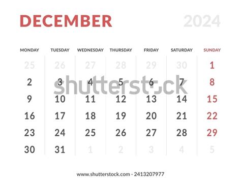 Monthly Page Calendar Planner Templates December Stock Vector (Royalty ...