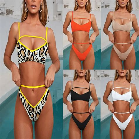 Bikini Sexy con estampado de leopardo para mujer traje de baño de cintura alta ajustado en V