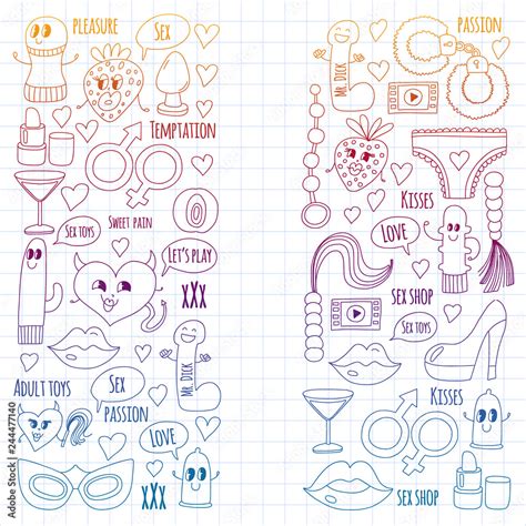 Funny Icons For Sex Shop Cute Cartoon Characters Dildo Strawberry Condom Heart Love And