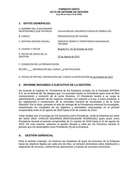 PDF 1 DATOS GENERALES satena formato Único acta de informe