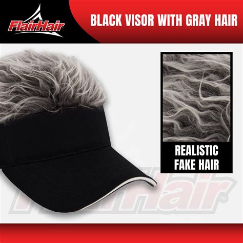 Flair Hair Sun Visor Cap With Fake Grey Hair With Black Adjustable Ba