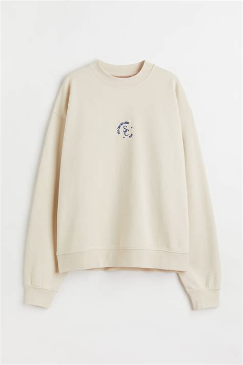 Printed Sweatshirt Round Neck Long Sleeve Light Beige Ladies