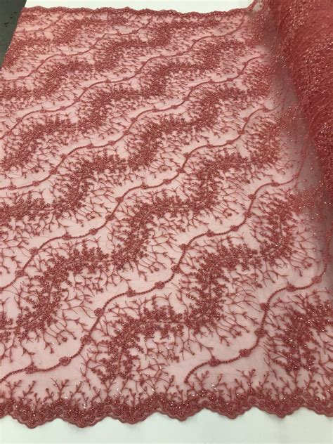 Coral Pink Beaded Embroidery Wavy Flower Pattern Fabric Lace Elegant